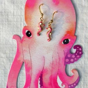 Girl's Gold hand painted pink seahorse ear rings