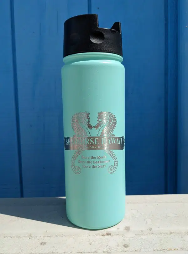 Seahorse hawaii foundation engraved blue water bottle